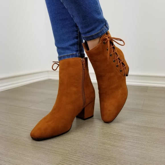 Brown Faux Suede Ankle Booties Side Laced Up - Picture 6 of 8